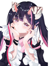  1boy absurdres animal_ears black_hair blush cho_kaguya-hime! colored_inner_hair commentary detached_sleeves highres horns iruka3pancake komazawa_noi long_hair looking_at_viewer multicolored_hair pink_eyes pink_hair simple_background solo trap twintails white_background 