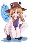  blue_eyes blush_stickers frog hat moriya_suwako pepe_futoshi short_hair squatting thigh-highs thighhighs touhou 