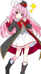  1girl black_boots black_coat black_hat blush boots bow bowtie buttons closed_mouth coat commentary_request dot_nose dress foot_out_of_frame grey_vest hands_up hat hat_bow highres kneehighs kotatsu-mazoku long_hair long_sleeves looking_at_viewer mini_hat mini_top_hat open_clothes open_coat original pink_hair red_bow red_bowtie red_eyes simple_background smile socks solo sparkle standing top_hat vest white_background white_dress white_socks 