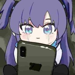  1girl blue_archive cellphone character_doll chocopuni commentary_request crying crying_with_eyes_open doll highres intentional_jpeg_artifacts jacket jpeg_artifacts long_hair meme_request mosumosues phone purple_hair sitting smartphone solo streaming_tears stuffed_toy tears two_side_up violet_eyes white_jacket yuuka_(blue_archive) 