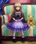  blonde_hair bracelet child couch dress green_eyes hair_ribbon highres jewelry long_hair mary_janes oil_painting_(medium) original pantyhose realistic ribbon shoes solo stuffed_animal stuffed_toy tafuto teddy_bear traditional_media 