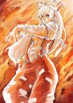 fire fujiwara_no_mokou hair_ribbon hands long_hair orange_(color) outstretched_arm outstretched_hand red_eyes ribbon sho_(gohan) sketch solo suspenders touhou white_hair 