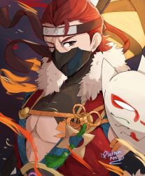 1boy absurdres artist_name fire_emblem fire_emblem_fates fire_emblem_heroes fox_mask hair_slicked_back headband highres looking_at_viewer male_focus mask mask_on_shoulder mouth_mask ninja official_alternate_costume one_eye_closed pectoral_cleavage pectorals platinum_ami red_hair rope saizo_(fire_emblem) saizo_(ninja)_(fire_emblem) scar scar_across_eye scar_on_face shimenawa solo upper_body 