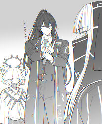  1boy 1girl 1other :< ? belt closed_eyes coat commentary covered_eyes covered_mouth false_smile halo highres hong_lu_(project_moon) horns lapels limbus_company maki_maki_(makimakipoipoi) middle_finger monochrome necktie notched_lapels one-leg_(project_moon) ponytail project_moon pwie_(project_moon) simple_background smile translated veil white_background 