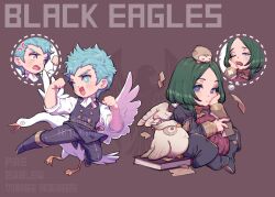  2boys anger_vein beak bird black_eagles_(fire_emblem) blush book caspar_von_bergliez closed_mouth commentary copyright_name english_commentary english_text faithom fire_emblem fire_emblem:_three_houses garreg_mach_monastery_uniform goose head_on_hand highres linhardt_von_hevring looking_at_viewer looking_to_the_side male_focus multiple_boys one_eye_closed open_mouth owl ponytail smile squeans yawning 