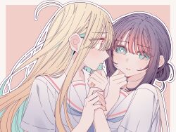  2girls absurdres ahoge blonde_hair border cho_kaguya-hime! commentary green_eyes grey_border highres holding_another's_wrist kaguya_(cho_kaguya-hime!) kousaka_0v0 long_hair looking_at_another mole mole_under_eye multiple_girls orange_eyes outline parted_lips pink_background pout purple_hair sailor_collar sakayori_iroha shirt simple_background upper_body white_outline white_sailor_collar white_shirt yuri 