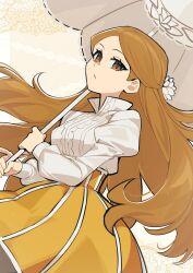  1girl brown_eyes brown_hair flower hair_flower hair_ornament highres holding holding_umbrella juliet_sleeves long_hair long_skirt long_sleeves orange_skirt parasol puffy_sleeves raingarita shirt skirt stella_(the_stairway) the_stairway umbrella umbrella_over_shoulder white_shirt white_umbrella 