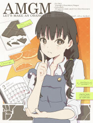  alternate_costume alternate_hairstyle amagami ayatsuji_tsukasa black_eyes black_hair blush braid_over_shoulder calendar_(object) character_age character_name chocolate chocolate-covered_food closed_mouth collarbone collared_shirt commentary copyright_name denim denim_overalls english_commentary english_text finger_to_cheek food fruit hand_up highres kirakira_hapinyan long_hair orange_(fruit) orangette overalls shirt strap_slip upper_body valentine white_shirt 