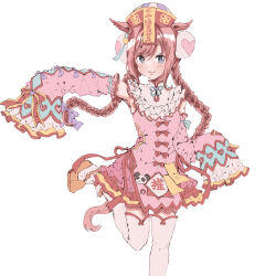  1girl :3 agnes_digital_(fanatic_jiangshi)_(umamusume) agnes_digital_(umamusume) animal_ears armpits blue_eyes blush braid breasts bun_cover commentary_request detached_sleeves double_bun dress hair_between_eyes hair_bun hair_ornament hat highres horse_ears horse_girl horse_tail jiangshi jiangshi_costume leg_up long_hair long_sleeves looking_at_viewer official_alternate_costume ofuda pink_dress pink_hair pink_sleeves qingdai_guanmao senao_978 sleeves_past_fingers sleeves_past_wrists small_breasts smile solo standing standing_on_one_leg tail talisman thigh-highs twin_braids umamusume white_background white_thighhighs 
