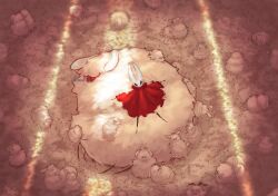  1girl absurdres antennae arthropod_girl black_eyes brown_fur cloak colored_skin drooling fangs flea_(hollow_knight) fluffy from_above full_body highres hollow_eyes hollow_knight hollow_knight:_silksong horned_mask hornet_(hollow_knight) huge_flea_(hollow_knight) kratt_(hollow_knight) lying lying_on_animal mask nameartx on_back open_mouth red_cloak sleeping white_mask 