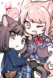  1girl 1other akiyama_mizuki animal_ears black_pantyhose black_thighhighs bow brown_eyes brown_hair cat cat_ears cat_girl cat_tail cellphone commentary confetti diagonal-striped_bow holding holding_phone kaesmedubu kamiyama_high_school_uniform_(project_sekai) kemonomimi_mode long_hair long_sleeves looking_at_viewer one_eye_closed open_mouth pantyhose paw_pose phone pink_eyes pink_hair plaid_clothes plaid_skirt pleated_skirt project_sekai school_uniform shinonome_ena short_hair side_ponytail skirt smartphone smile solid_circle_eyes striped_bow tail thigh-highs untranslatable_commentary white_background 