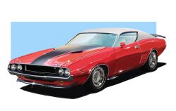  94eliasdesign car commentary dodge_(company) dodge_challenger dodge_challenger_(1st_generation) dodge_charger english_commentary fusion glint highres motor_vehicle muscle_car no_humans original red_car shadow signature spoiler_(automobile) vehicle_focus 