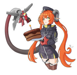  1girl 1other birthday_cake black_hat black_horns cake commentary cowboy_shot curled_horns dragon_girl dragon_horns english_commentary fingerless_gloves food gloves green_eyes hair_between_eyes hat highres holding holding_cake holding_food horns long_hair looking_at_viewer magus_(zenless_zone_zero) mechanical_horns mechanical_tail open_mouth orange_hair orange_pupils orphie_magnusson pixeljunkplayer pointy_ears simple_background tail thigh-highs twintails white_background zenless_zone_zero 