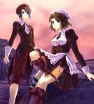  black_hair blue_eyes brown_hair determined hat kanon_(umineko) maid man_dam serious shannon skirt socks tattoo umineko_no_naku_koro_ni 