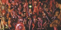  6+boys 6+girls alex_ross amadeus_cho_(marvel) animal_print annotated annotation_request arc_reactor armor arrow_(projectile) black_bodysuit black_hair black_helmet black_leotard blonde_hair blue_bodysuit blue_boots blue_mask bodysuit boots bow_(weapon) brawn_(marvel) breastplate brown_hair captain_america captain_america_(series) captain_marvel_(carol_danvers) character_request check_annotation check_character claw_(weapon) colored_skin comic_cover cover cover_page cropped dark-skinned_male dark_background dark_skin domino_mask dynamic_pose east_asian elbow_gloves english_commentary eye_mask facial_hair fingerless_gloves full_armor galaxy_print gloves glowing glowing_eyes gold_gloves gold_helmet green_bodysuit green_skin grey_armor grey_helmet hawkeye_(marvel) helmet holding holding_weapon hulk iron_man iron_man_(series) ironheart jean_grey kamala_khan kate_bishop leggings leotard long_hair mar-vell marvel mask metal_mask miles_morales mjolnir_(marvel) ms._marvel_(carol_danvers) ms._marvel_(series) multicolored_armor multicolored_bodysuit multiple_boys multiple_girls multiple_persona muscular muscular_female muscular_male nova_(marvel) open_mouth power_armor print_bodysuit rachel_summers realistic red_armor red_bodysuit red_gloves red_hair red_leggings red_sash richard_rider_(marvel) sam_alexander_(marvel) sam_wilson sash shield short_hair spider-man spider-man_(miles_morales) spider-man_(original_suit) spider-man_(series) spider_print spider_web_print star_(symbol) steve_rogers striped_bodysuit superhero_costume the_incredible_hulk_(series) third-party_source thor_(jane_foster) thor_(marvel) thor_(marvel)_(series) two-tone_armor two-tone_bodysuit upside-down vertical-striped_bodysuit vignetting waist_sash weapon western_comics_(style) winged_headwear winged_helmet wolverine_(x-men) x-23 x-men yellow_armor yellow_bodysuit 