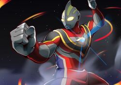  1boy alien arm_up armor black_background blue_skin chest_guard clenched_hand collarbone color_timer colored_skin commentary compound_eyes dorsal_fin fighting_stance foreshortening gamiani_zero giant giant_male glowing glowing_eyes gold_trim hand_up highres light_particles light_rays looking_ahead male_focus multicolored_skin muscular muscular_male no_pupils outstretched_hand pectorals red_skin shoulder_armor silver_skin solo tokusatsu ultra_series ultraman_gaia ultraman_gaia_(series) ultraman_gaia_(supreme_version) upper_body yellow_eyes 