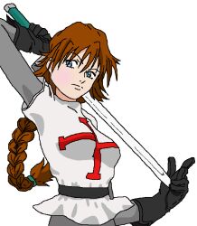 1girl armor belt black_belt black_gloves blue_eyes braid braided_ponytail brown_hair chainmail christ-chan cross drawfag gloves holding holding_behind_back holding_sword holding_sword_behind_back holding_weapon holding_weapon_behind_back knight knights_templar latin_cross leather leather_gloves looking_to_the_side original over_shoulder single_braid sword sword_over_shoulder tunic upper_body weapon weapon_over_shoulder white_tunic 