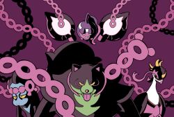  beak bird black_fur commentary_request fezandipiti green_fur highres malignant_chain_(pokemon) monkey munkidori nostrils okidogi onigiri_debu open_mouth pecharunt pokemon pokemon_(creature) pokemon_focus sharp_teeth teeth tongue tongue_out yellow_eyes 