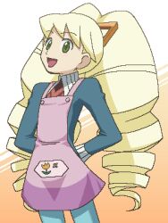  1girl apron arms_behind_back awa_(abc19502) bad_id blonde_hair bow drill_hair green_eyes hair_bow long_hair lowres luna_platz_(mega_man) mega_man_(series) mega_man_star_force_(series) oekaki open_mouth orange_bow pink_apron smile twin_drills very_long_hair 