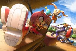  1boy 2girls absurdres amy_rose animal_ears backless_dress backless_outfit big_the_cat blue_ribbon brown_eyes cat_boy cat_ears cat_tail chair chao_(sonic) cheese_(sonic) clip_studio_paint_(medium) cream_the_rabbit dress english_commentary fishing_rod furry furry_female furry_male gloves green_eyes hedgehog_girl highres holding holding_fishing_rod lounge_chair multiple_girls neck_ribbon on_chair open_mouth picnic_basket pink_fur purple_fur rabbit_ears rabbit_girl red_dress ribbon robot sammytighe sitting sleeveless sleeveless_dress sonic_(series) sonic_heroes tail tree white_gloves wings 