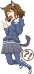  akaho_sakura animal_ears bad_id beniho_sakura brown_eyes brown_hair cat_ears cat_tail chocolate heart hirasawa_yui k-on! kemonomimi_mode mouth_hold skirt solo tail track_suit wink 