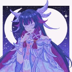  columbina_(genshin_impact) eye_mask genshin_impact hair_ornament head_wings highres how_taku invisible_shoes mask multicolored_hair multiple_wings purple_streaks see-through_clothes see-through_mask streaked_hair unusually_open_eyes white_headdress white_mask white_wings wing_hair_ornament wings wrist_bow 