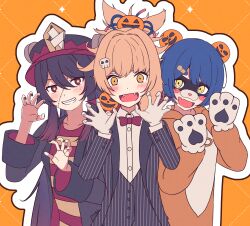  absurdres animal_costume animal_hands black_jacket blue_hair bow bowtie brown_coat brown_hair coat commentary_request cosplay eye_mask fangs food-themed_hair_ornament genshin_impact gloves grid_background guoba_(genshin_impact) guoba_(genshin_impact)_(cosplay) hair_ornament halloween hat heykenp_12 highres hu_tao_(genshin_impact) jack-o'-lantern jacket mask orange_background orange_hair oven_mitts paw_gloves pumpkin pumpkin_hair_ornament red_eyes simple_background skull skull_hair_ornament striped_clothes striped_sweater sweater tuxedo two-tone_hat xiangling_(genshin_impact) yellow_eyes yoimiya_(genshin_impact) 