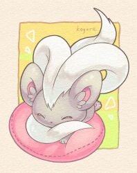  animal_focus border cinccino closed_eyes closed_mouth commentary_request fluffy full_body grey_fur highres kagure_(karaguren) looking_at_viewer neck_fur no_humans pillow pokemon pokemon_(creature) pokemon_focus simple_background solo white_border white_fur yellow_background 