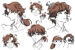  1boy 1girl alcor_the_dreambender alcorian-wizard black_sclera brown_hair collared_shirt colored_sclera curtained_hair hat highres looking_to_the_side mabel_pines male_focus mini_hat mini_top_hat mohawk multiple_views partially_shaded_face pointy_ears ponytail portrait shirt top_hat transcendence_au_(gravity_falls) yellow_eyes 
