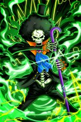  1boy absurdres afro aladdin_(ala21ddin21) ascot black_hat black_jacket black_pants blue_ascot brook_(one_piece) english_commentary feet_out_of_frame fighting_stance glint hat highres holding holding_sheath holding_sword holding_weapon jacket long_sleeves looking_at_viewer male_focus one_piece pants sheath skeleton skull solo standing sword unsheathing weapon 
