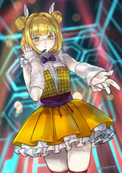  1girl absurdres adapted_costume blonde_hair bow bowtie commentary_request double_bun gonglijeongli hair_bun hair_ribbon headset highres joutouguu_mayumi lens_flare looking_at_viewer medium_hair purple_bow purple_bowtie red_thighhighs ribbon shirt skindentation skirt sleeveless sleeveless_shirt solo thigh-highs thighs touhou twitter_username white_ribbon white_shirt yellow_eyes yellow_skirt 