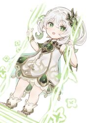  1girl :d bare_shoulders bloomers blush bracelet commentary_request cross-shaped_pupils detached_sleeves dress full_body genshin_impact gold_trim green_eyes green_hair hair_between_eyes hair_ornament highres jewelry leaf_hair_ornament looking_at_viewer multicolored_hair nahida_(genshin_impact) on_swing open_mouth resitodo simple_background sleeveless sleeveless_dress smile solo standing standing_on_swing swing symbol-shaped_pupils white_background white_bloomers white_dress white_hair 