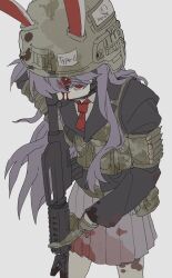  1girl absurdres ammunition_pouch animal_ears assault_rifle bandolier belt belt_pouch black_jacket blood blood_on_clothes blood_on_face blood_on_gloves blood_on_hand blood_on_helmet blood_on_leg collared_shirt combat_helmet commentary ears_through_headwear english_commentary grey_skirt gun helmet highres holding holding_gun holding_weapon jacket kaika79307 long_hair long_sleeves m4_carbine necktie pouch purple_hair rabbit_ears rabbit_girl red_eyes red_necktie reisen_udongein_inaba rifle shirt sidelocks simple_background skirt solo touhou variant_set very_long_hair weapon white_background white_shirt 