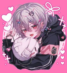  1boy :d aegyo_sal artist_name barcode barcode_tattoo black_choker black_jacket black_nails cat_hair_ornament cheek_press cheek_tattoo choker commentary cropped_torso double-parted_bangs ear_piercing fang hair_between_eyes hair_ornament hand_up heart highres holding holding_leash hood hooded_jacket hugging_object indie_utaite jacket jitome leash long_sleeves looking_at_viewer mafumafu mafuteru male_focus o-ring o-ring_choker open_clothes open_jacket piercing pink_background red_eyes short_hair simple_background skin_fang smile tattoo teddy_bear_hair_ornament untranslatable_commentary upper_body utaite white_hair x_hair_ornament yarirx 
