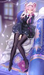  1girl absurdres animal_ears arknights between_legs black_jacket black_pantyhose black_skirt black_sweater breasts chinese_commentary commentary_request couch from_above full_body glasses hairband hand_between_own_legs highres indoors jacket large_breasts lin_(arknights) lin_(knowledge_and_magic)_(arknights) looking_at_viewer mouse_ears mouse_girl mouse_tail no_shoes off_shoulder okasaki_ushio_(03103335) on_couch pantyhose ponytail pout purple_hair purple_hairband sidelocks sitting skirt solo sweater sweater_under_jacket tail underbust violet_eyes 