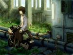  brown_hair goggles grass helmet jacket moped short_hair sitting solo stairs yoshidaworks 