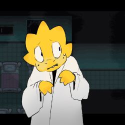  1:1 1girl 2026 2d alphys animal_nose anthro buck_teeth coat colored_skin digital_media dinosaur dinosaur_girl female female_only game_screenshot_background hands_up lab_coat lizard lizard_girl long_sleeves looking_to_the_side monster monster_girl no_glasses reptile reptile_girl scalie solo teeth tweakyrmoog undertale upper_body utdr_(toby_fox) variant_set white_coat yellow_skin 
