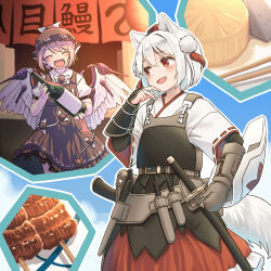  2girls ^_^ blush bottle brown_dress closed_eyes collared_shirt commentary_request commission daikon dress fang fish_(food) food gloves grilled_eel inubashiri_momiji japanese_clothes kimono knife konnyaku_(food) multiple_girls multiple_weapons mystia_lorelei noren oden one_eye_closed open_mouth pinafore_dress pink_hair radish red_eyes red_skirt sake_bottle sheath sheathed shield shirt short_hair single_vambrace skeb_commission skewer skirt sleeveless sleeveless_dress smile sword tail too_many_weapons touhou translation_request vambraces weapon white_hair white_kimono white_shirt wine_bottle wings yudepii 