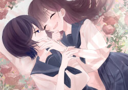  2girls ^_^ absurdres black_hair black_neckerchief black_sailor_collar black_skirt blue_eyes blush brown_hair closed_eyes commentary couple cuddling flower hair_spread_out hand_on_another's_arm hand_on_another's_chin happy highres long_hair looking_at_another looking_to_the_side lying multiple_girls neckerchief on_ground open_mouth original pleated_skirt red_flower red_rose rose sailor_collar school_uniform serafuku shirt short_hair short_sleeves skirt smile summer_uniform turning_head user_dkwc8585 white_shirt yuri 