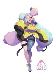  1girl artist_logo blue_hair bow-shaped_hair breasts character_hair_ornament criss-cross_halter fake_hair_bun grey_pantyhose hair_ornament halter_shirt halterneck hexagon_print iono_(pokemon) jacket little123blood logo long_hair long_sleeves magnemite multicolored_hair one_eye_closed open_mouth oversized_clothes pantyhose pantyhose_under_shorts pink_hair pokemon pokemon_scarlet_and_violet sharp_teeth shorts single_leg_pantyhose sleeves_past_fingers sleeves_past_wrists solo split-color_hair teeth x_(symbol) yellow_jacket 