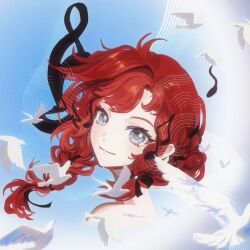  1girl barcarola_(reverse:1999) bird blue_eyes blue_sky braid closed_mouth clouds lihua-daiyu_de_yun long_hair looking_at_viewer mole mole_under_eye portrait red_hair reverse:1999 sky smile solo treble_clef twin_braids white_bird 