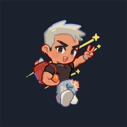  1boy :d bag ball baseball_(object) biceps black_background black_shirt blue_pants broad_shoulders chain chain_necklace chibi chibi_only compression_shirt denim dominic_(jonigiri) duffel_bag earrings eyebrow_cut grey_eyes holding holding_ball jeans jewelry jon_(jonigiri) large_pectorals light_frown looking_at_viewer male_focus muscular muscular_male necklace original pants pectorals red_bag shirt shoes shooting_star_(symbol) smile sneakers solo star_(symbol) thick_eyebrows tight_clothes tight_shirt torn_clothes torn_jeans torn_pants v v-taper white_hair white_shoes 