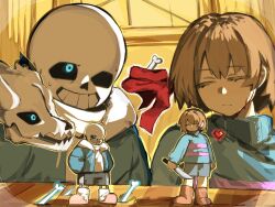 1boy 1other 2026 2d ambiguous_gender aqua_eyes black_shorts blue_jacket blue_sweater bone boots brown_boots brown_hair child commentary digital_media double_horizontal_stripe drawstring duo floor frisk_(undertale) gasterblaster genocide_route_(undertale) grey_hood grey_shorts hands_in_pockets heart highres holding_knife holding_weapon hollow_eyes hood hood_down hooded_jacket horizontal-striped_clothes human humanoid jacket knife long_sleeves male monster monster_boy open_clothes open_jacket outline pink_slippers pink_stripes red_scarf red_soul_(utdr) sa66513 sans_(undertale) scarf shirt short_hair shorts simple_background single_vertical_stripe skeleton skull slippers socks soul_(utdr) standing striped_clothes striped_shorts striped_sweater sweater teeth thai_commentary two-tone_sweater undead undertale unworn_scarf utdr_(toby_fox) vertical-striped_clothes vertical-striped_shorts weapon white_shirt white_socks white_stripes yellow_background