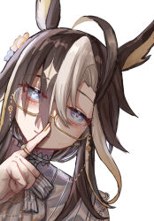  1girl ahoge animal_ears blue_eyes blush bow brown_hair closed_mouth colored_bangs commentary dream_journey_(snow-white_dreamland)_(umamusume) dream_journey_(umamusume) dress eyewear_strap glasses hair_between_eyes hair_bun highres horse_ears horse_girl index_finger_raised jewelry long_hair looking_at_viewer multicolored_hair official_alternate_costume ring simple_background solo songdu streaked_hair umamusume untranslatable_commentary upper_body white_background white_dress white_hair yellow_nails 