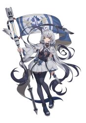  1girl absurdres ahoge ankle_boots banner bare_shoulders black_boots black_hair black_streaks black_thighhighs blue_boots blue_sleeves boots commentary_request cross cross_print detached_sleeves facing_viewer flag full_body grey_hair highres holding holding_banner holding_knife knife looking_at_viewer multicolored_boots multicolored_hair multicolored_sleeves open_mouth original simple_background skirt solo streaked_hair tachi-e thigh-highs transparent_background two-tone_hair two-tone_sleeves white_boots white_skirt white_sleeves wuren yellow_eyes 