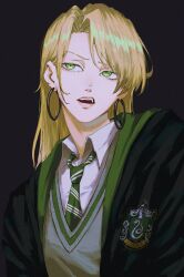  1girl absurdres badge black_background black_robe blonde_hair cardigan commentary curtained_hair earrings eyelashes genderswap genderswap_(mtf) green_eyes green_hood green_necktie harry_potter_(series) highres hogwarts_school_uniform hood hood_down hoop_earrings jewelry kosuta long_hair malfoid necktie open_mouth raised_eyebrow ringed_eyes robe school_uniform shirt simple_background slytherin solo striped_clothes striped_necktie upper_body white_shirt wide_sleeves wizarding_world 