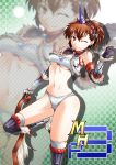  breasts brown_hair cosplay elbow_gloves female_protagonist_(persona_3) gloves hairband horn horns kirin_(armor) midriff monster_hunter persona persona_3 persona_3_portable red_eyes segami_daisuke solo under_boob underboob wink zoom_layer 