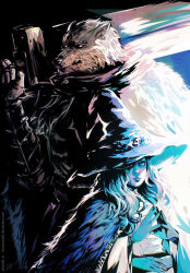  1boy 1girl animal_ears black_fur blaidd_the_half-wolf blue_hair blue_skin cape colored_skin commentary dark_souls_(series) elden_ring english_commentary extra_arms fur_cape furry furry_male hat highres holding holding_sword holding_weapon looking_at_viewer over_shoulder ranni_the_witch saram sword sword_over_shoulder weapon weapon_over_shoulder witch_hat wolf_boy wolf_ears 