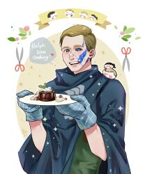  1boy alice_williams blonde_hair blood blood_on_face blue_blood blue_eyes chinese_commentary colored_blood commentary_request connor_(detroit) detroit:_become_human english_text food food_on_face green_eyes green_shirt grey_cloak heterochromia highres holding holding_plate kara_(detroit) looking_at_viewer male_focus open_mouth oven_mitts plate ralph_(detroit) scissors shirt short_hair smile solo sparkle speech_bubble upper_body very_short_hair youkok9 