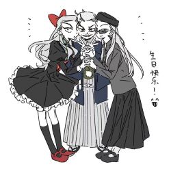  3girls aged_down akagi:_yami_ni_oritatta_tensai black_dress black_eyes black_hat black_sandals black_shoes black_skirt black_socks blue_haori bow chinese_commentary colored_skin commentary_request dress fukumoto_mahjong full_body fully_genderswapped_group genderswap genderswap_(mtf) grey_hair grey_shirt grey_skirt grin guxi73 hair_bow hakama hakama_skirt haori hat holding_hands hyoudou_kazutaka ichikawa_(akagi) japanese_clothes juliet_sleeves long_hair long_sleeves looking_at_viewer multiple_girls pillbox_hat puffy_sleeves red_bow red_shoes sandals shirt shoes simple_background skirt smile socks standing sunglasses tobaku_mokushiroku_kaiji washizu_iwao white_background white_skin 
